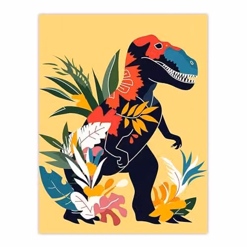 Artery8 Boho T Rex Dinosaur and Plants Graphic Collage Wall Art Poster Print, Multicolour, W: 45.72 cm, H: 60.96 cm