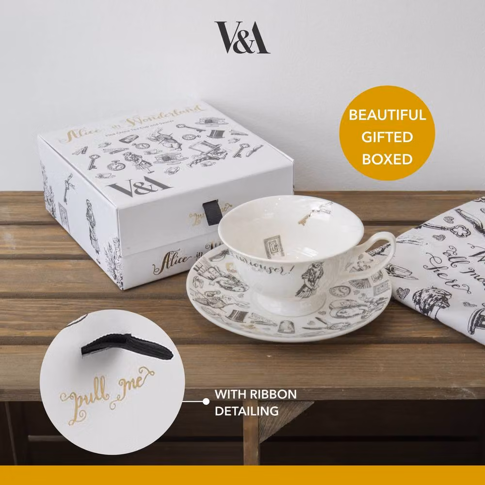 Creative Tops Alice in Wonderland Bone China Tea Cup and Saucer, White and Gold, 210 ml – 6