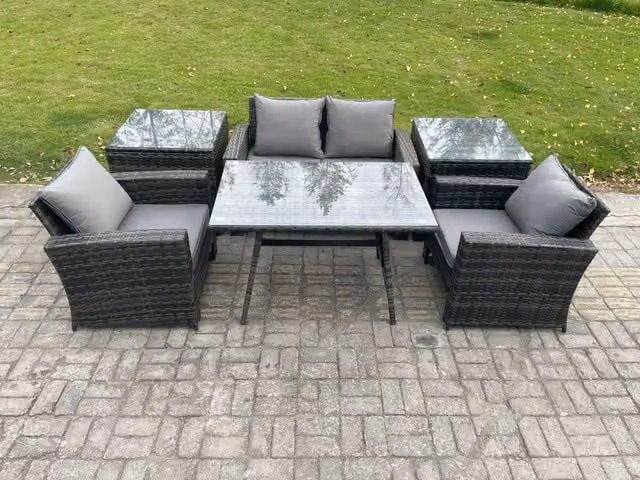 Fimous Dark Grey Mixed Rattan High Back Garden Sofa and Dining Table Set with 2 Side Tables