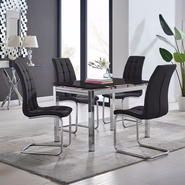 FurnitureboxUK Enna Black Glass Extending Rectangular Dining Table and 4 Murano Chairs Set