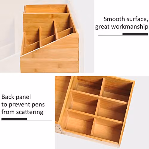 HOMCOM Bamboo Desk Organiser Holder with 7 Storage Compartments and 2 Drawers, Natural Brown – 3