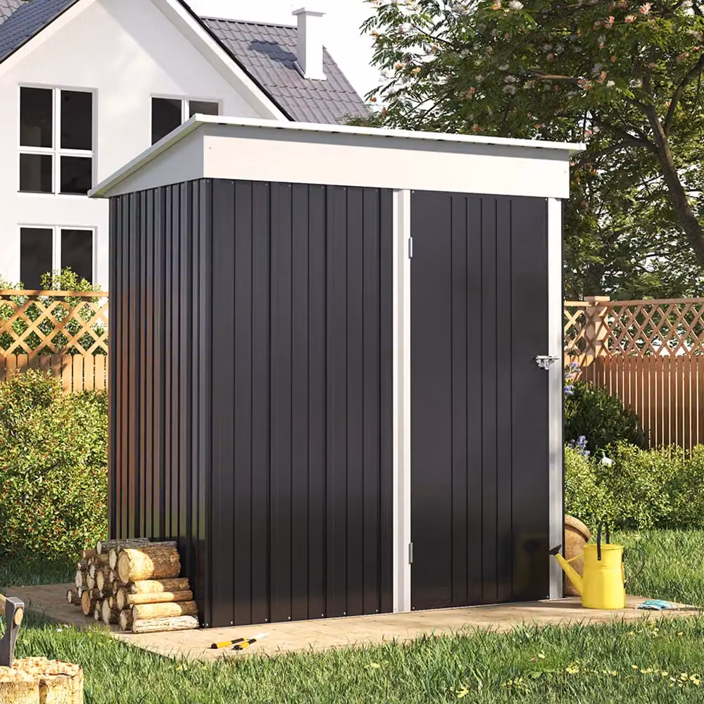 Living and Home Black Metal Pent Roof Garden Storage Shed with Lockable Single Door and Tool Shelving, W: 152.4 cm, D: 91.44 cm, H: 180 cm – 3