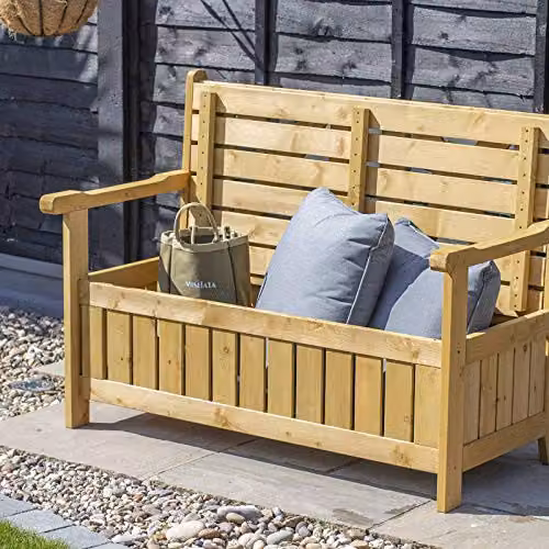 AIRWAVE Darcy 2 Seater Wooden Outdoor Garden Bench with Built In Storage Seat in Brown Treated Hardwood – 4