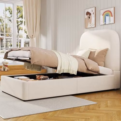 BTM Upholstered Single Bed in Pink Velvet with Hydraulic Storage and Headboard, W/D/H: 90 x 190 x 100 cm