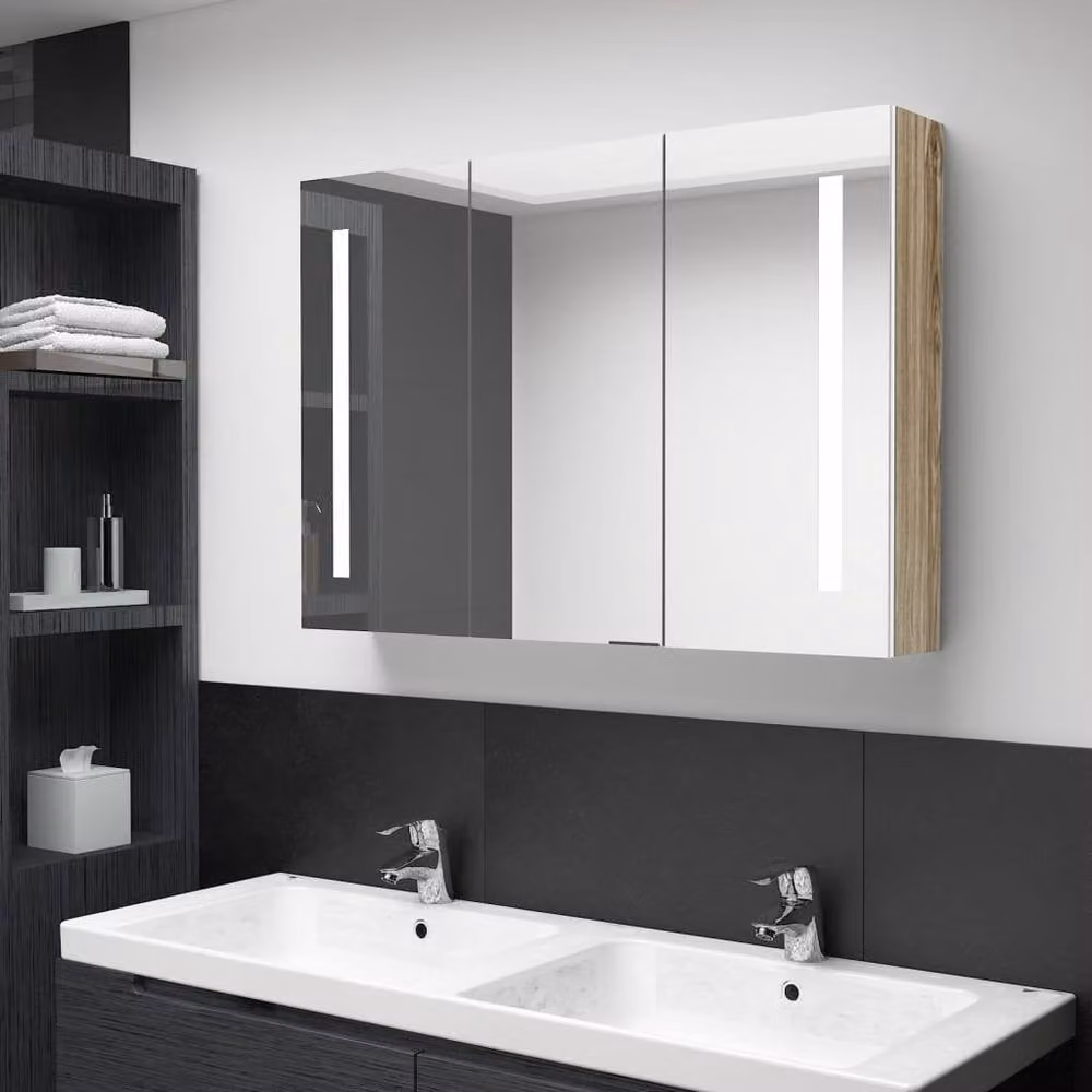 Berkfield Home LED Bathroom Mirror Cabinet in White and Oak, W: 89 cm, D: 14 cm, H: 62 cm – 1