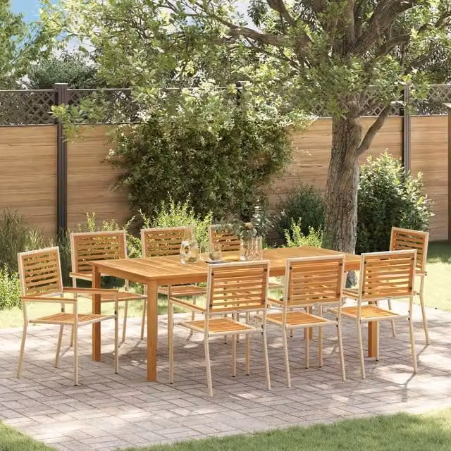 Berkfield Home 9 Piece Beige Poly Rattan and Acacia Wood Garden Dining Set – 1