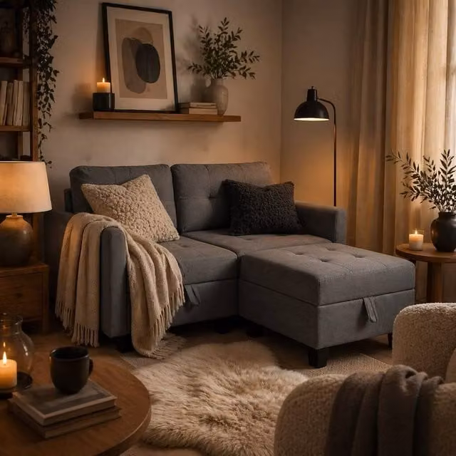 Wyld Haus Bakeli Dark Grey Modular L Shaped Sofa with Integrated Storage and Reversible Fabric Upholstery