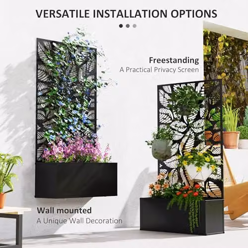 Outsunny Metal Garden Raised Bed with Privacy Screen and Trellis, Black – 4