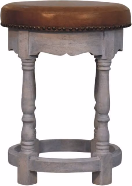Artisan Furniture Rustic Mango Wood Stool in Brown with Leather Seat