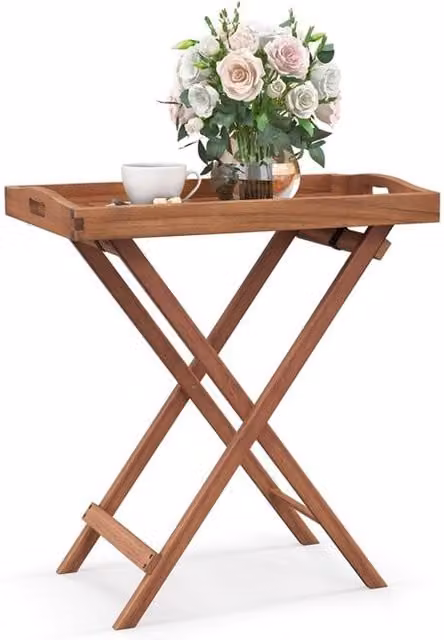 Costway Acacia Wood Folding Patio Side Table with Tea Tray in Natural Brown