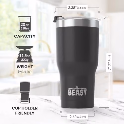 Greens Steel Beast Tumbler, Matte Black, 550 ml, Reusable Stainless Steel Vacuum Insulated Cup with 2 Straws and Cleaning Brush – 6