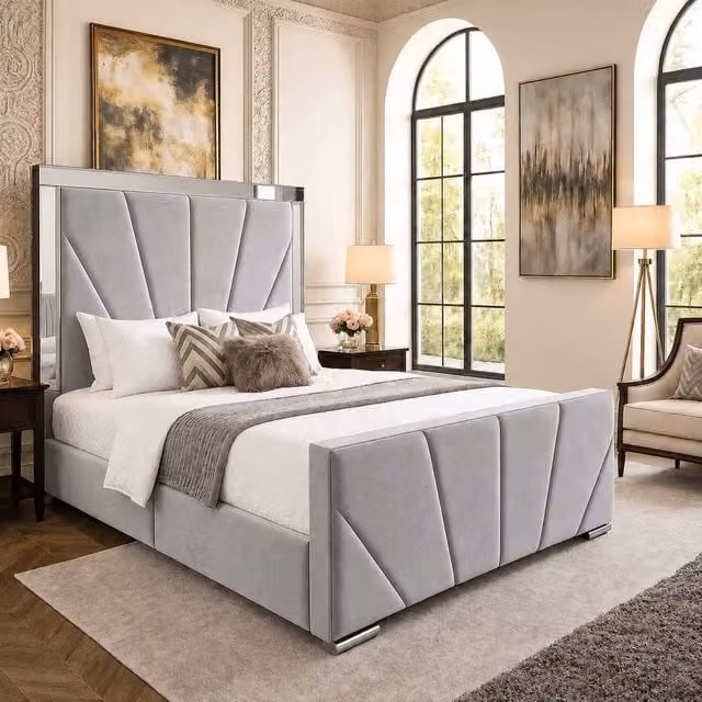 Sunrise Mirrored Bed by K Mehmood Enterprise Ltd in Silver Velvet, W/D/H: 180 x 200 cm