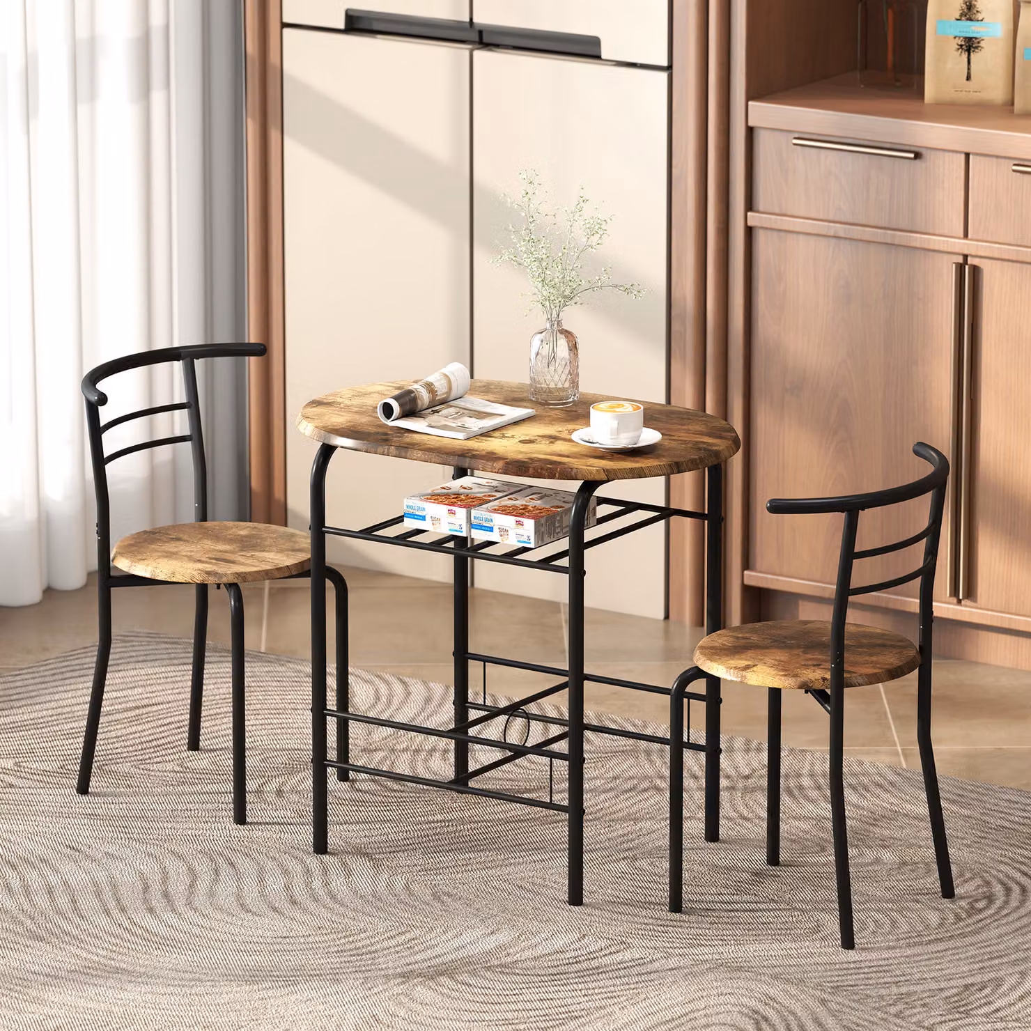 HOMCOM Three-Piece Compact Dining Set with Round Table and Chairs in Rustic Brown and Black – 2