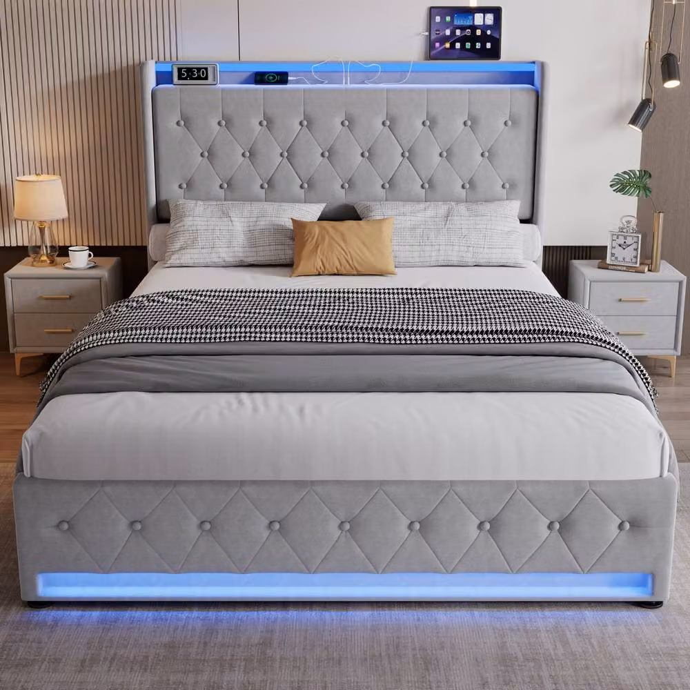 STILVORA Double Bed Frame with Storage Drawers, Grey Velvet, W/D/H: 140 x 200 x 135 cm – 3
