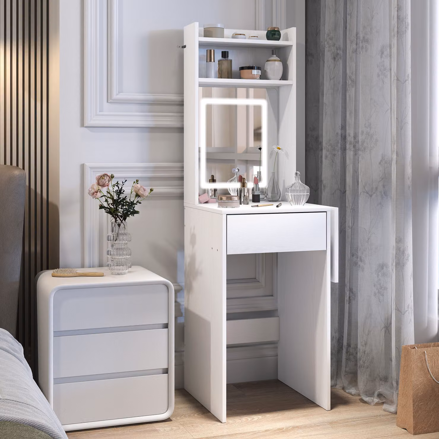 HOMCOM Small White Vanity Desk with LED Mirror, Drop Leaf Dressing Table with Open Shelves and Drawer – 2