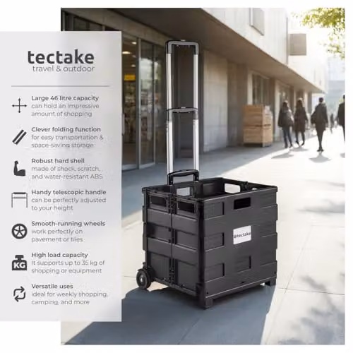 tectake 46L Folding Shopping Trolley in Black with Aluminium Telescopic Handle and 2 Wheels, W: 45 cm, D: 37.5 cm, H: 45-97 cm – 2