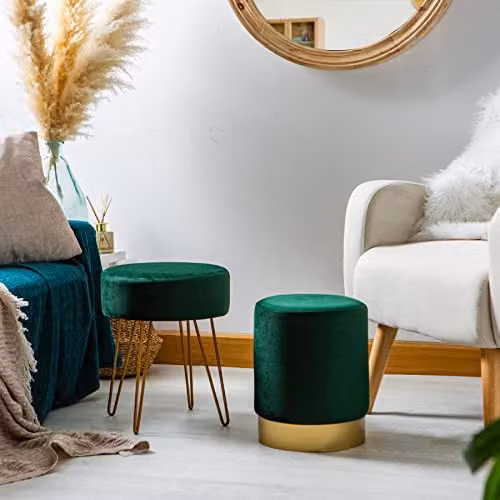 Harbour Housewares 2 Piece Round Green Velvet Footstool Set with Metal Hairpin Legs – 2