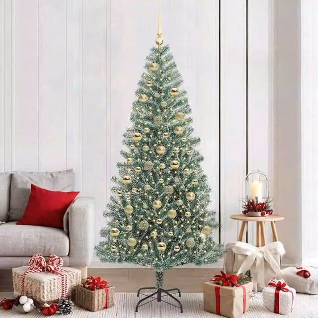 Berkfield Home Snow Flocked Artificial Christmas Tree with LED Lights, Green, Height: 210 cm
