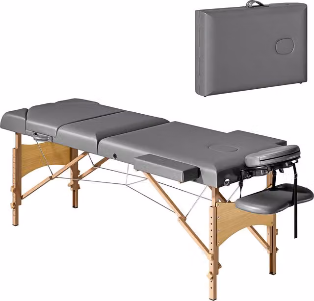 HOMCOM Portable Massage Table with Adjustable Height in Grey and Natural Wood Finish