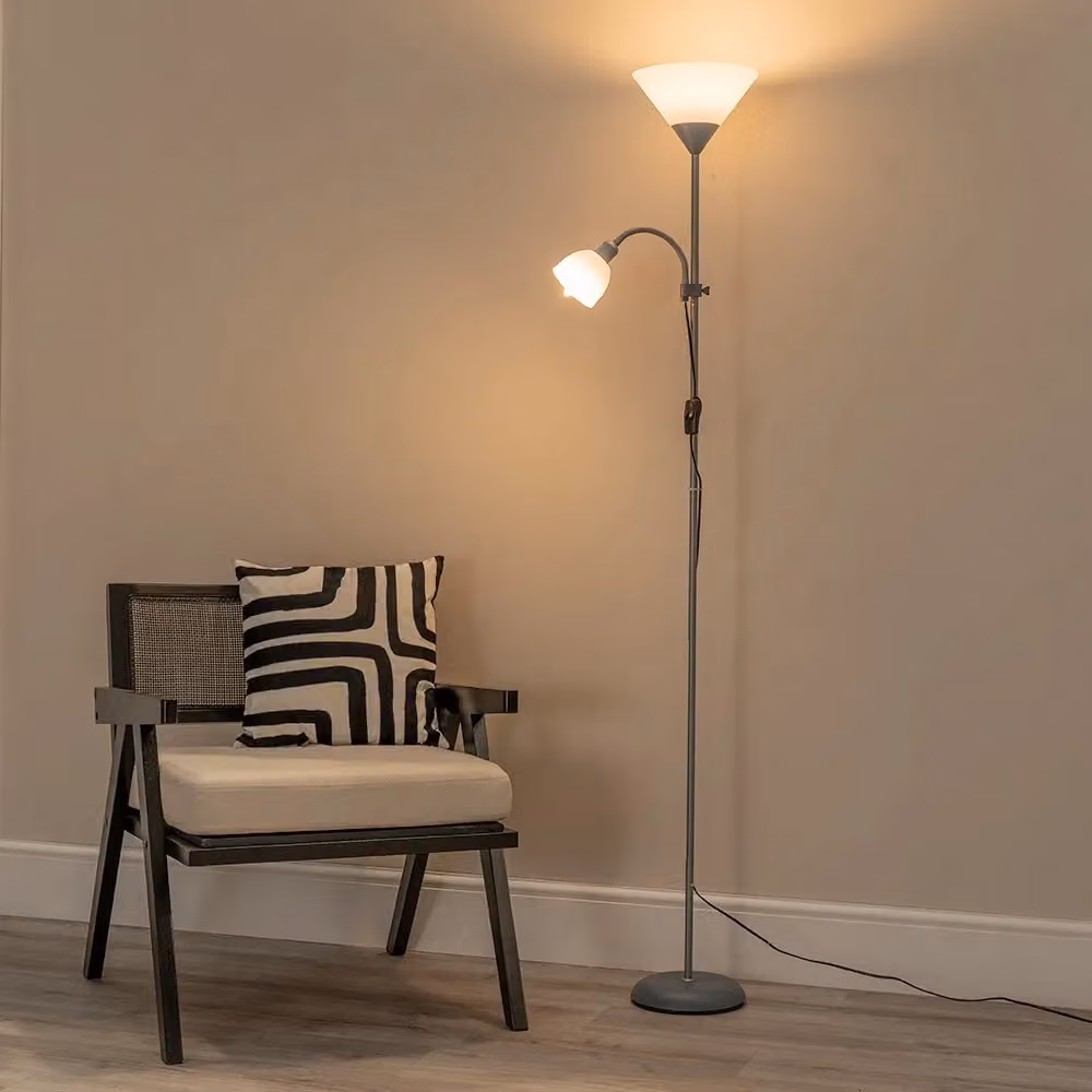 ValueLights Moz Mother and Child Uplighter Floor Lamp with Adjustable Side Lamp in Metallic Silver – 3