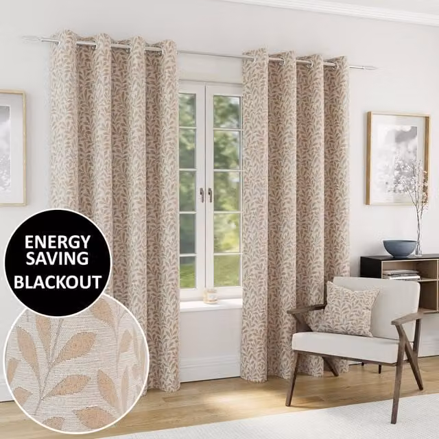 Enhanced Living Sherwood Blackout Jacquard Leaf Eyelet Curtains in Beige and Brown