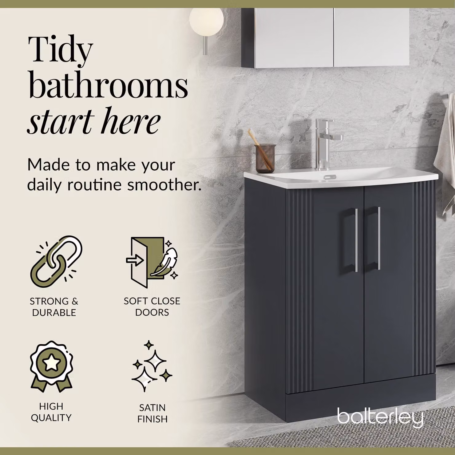 Balterley Floor Standing 2 Door Bathroom Vanity Unit with Curved Basin, Satin Dark Grey, W/D/H: 60 x 40 x 84 cm – 3