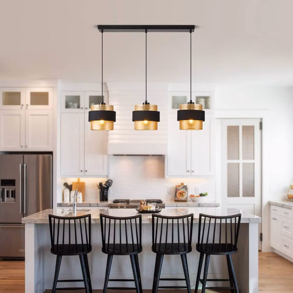 Harper Living 3-Light Modern Suspended Pendant Light in Black Fabric and Gold Metal – 3