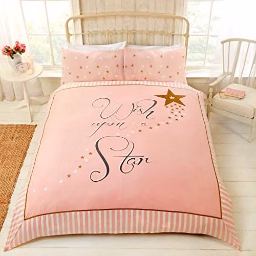 Rapport Home Wish Upon a Star Pink and Gold Star Duvet Cover and Pillowcase Set for Children, W/D/H: 200 x 200 cm and 50 x 75 cm