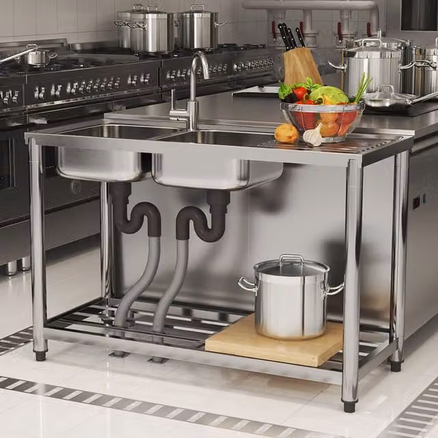 Livingandhome Freestanding Stainless Steel Double Bowl Kitchen Sink with Single Shelf in Silver