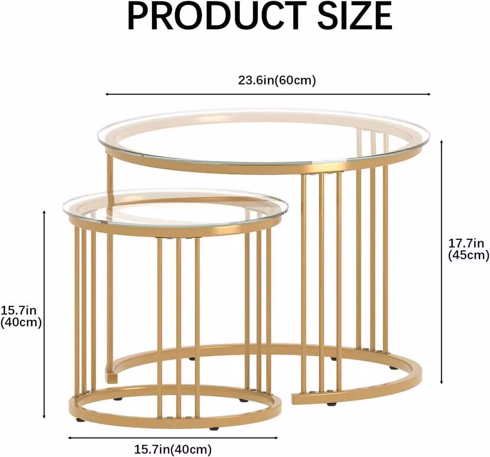 Huhote Elegant Round Nesting Coffee Tables Set of 2 with Gold Metal Frame and Glass Tops – 2