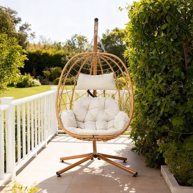 Livingandhome Modern Garden Hanging Egg Chair with Cushions and Headrest in Beige and White