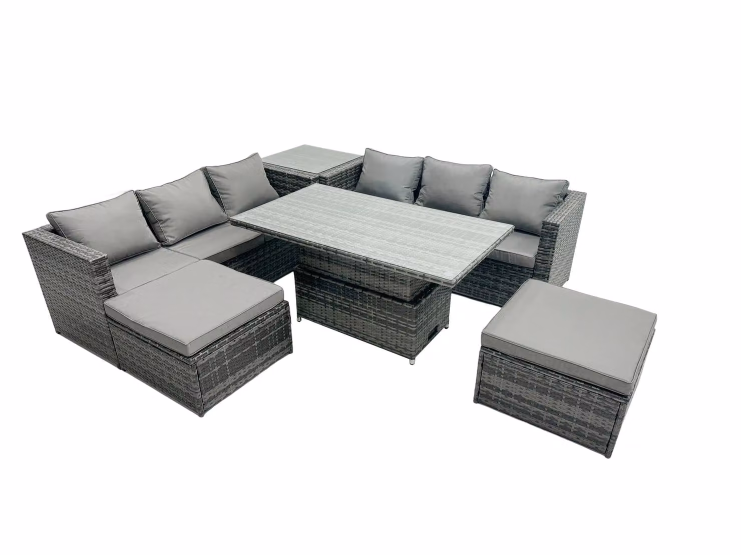 Fimous 8-Seat Rattan Dining Set with Sofa, Side Table and 2 Stools in Dark Grey – 2
