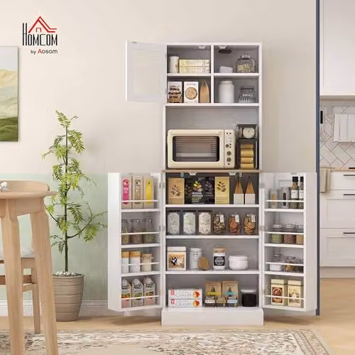 HOMCOM Tall White Kitchen Pantry Storage Cabinet with Glass Doors and Microwave Shelf, H 169 x W 60 x D 35 cm – 2