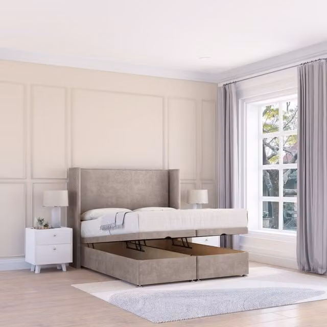 Sloomy Devonshire Small Double Upholstered Fabric Ottoman Bed with Hybrid Memory Mattress and Winged Floorstanding Headboard in Sand or Grey, W/D/H: 120 x 200 cm