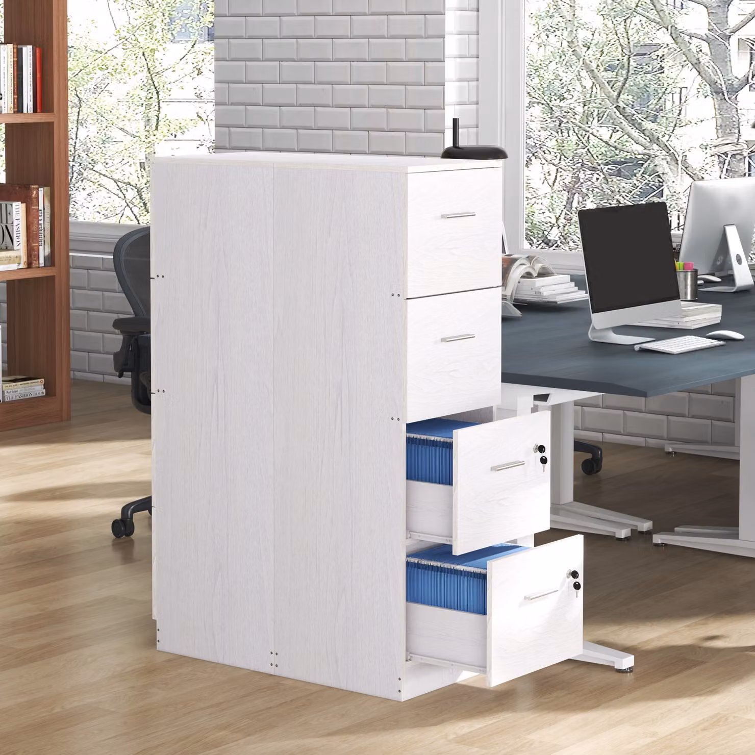 HOMCOM 4-Drawer Vertical File Cabinet in White with Silver Accents and Lock for Home Office A4 and Letter Size Documents – 2