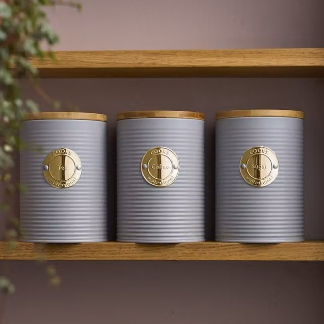 Cooks Professional 3-Piece Airtight Kitchen Storage Set with Ribbed Stainless Steel and Bamboo Lids in Grey and Gold