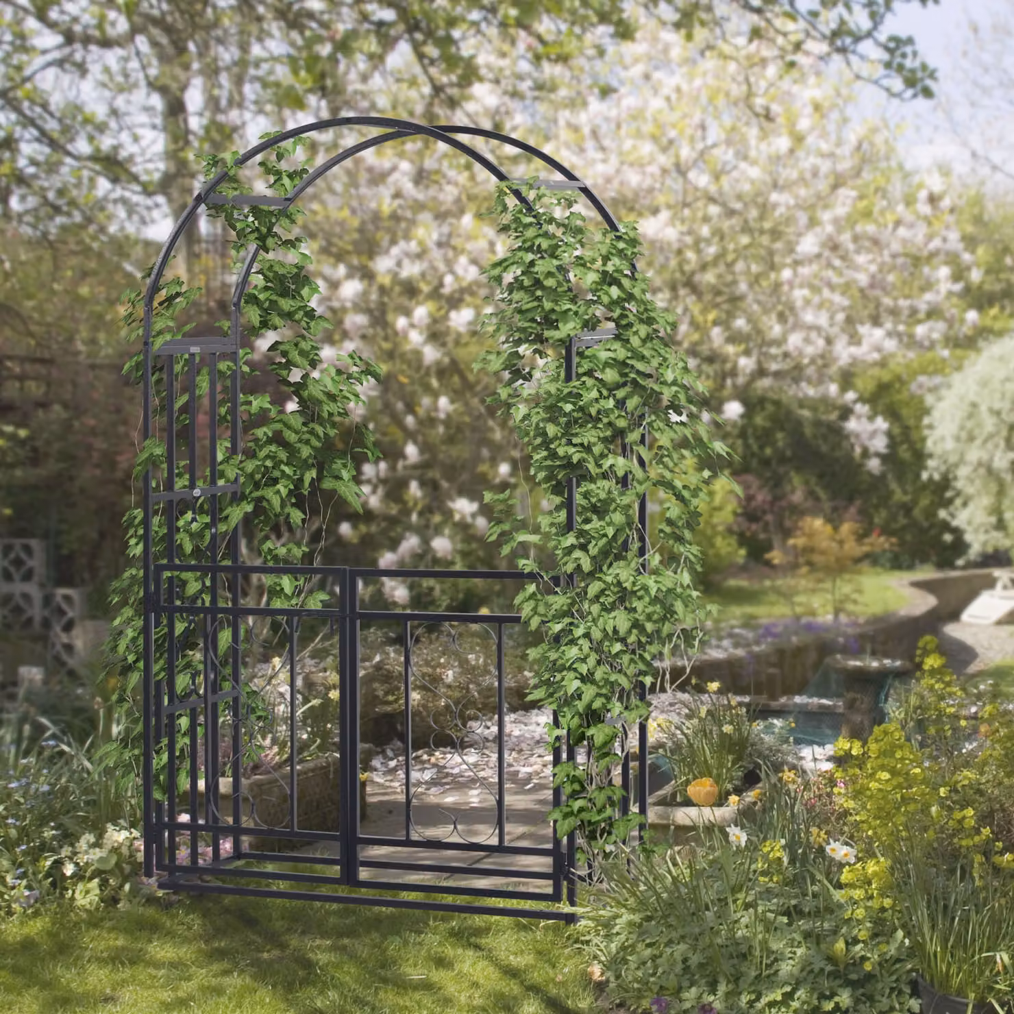 Outsunny Metal Garden Arch with Double Gates for Climbing Plants and Roses, Dark Grey, W: 114 cm, D: 50 cm, H: 206 cm – 2