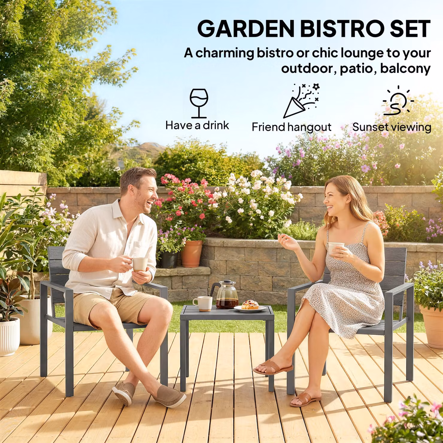 Outsunny 3 Piece Garden Bistro Set for 2 Adults with Square Table and Chairs in Modern Matt Plastic and Powder Coated Steel – 3