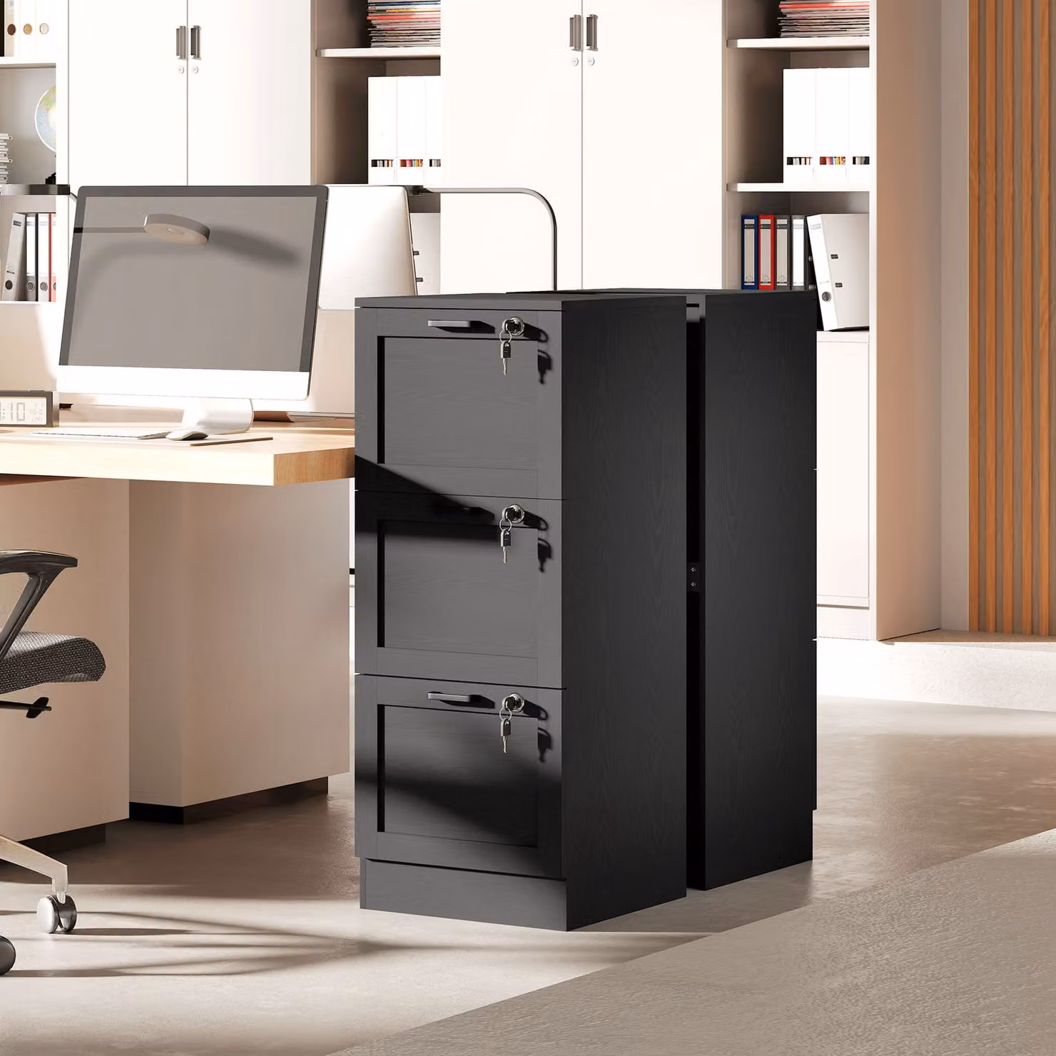 HOMCOM Modern 3-Drawer Filing Cabinet with Lock in Black Matt – 8