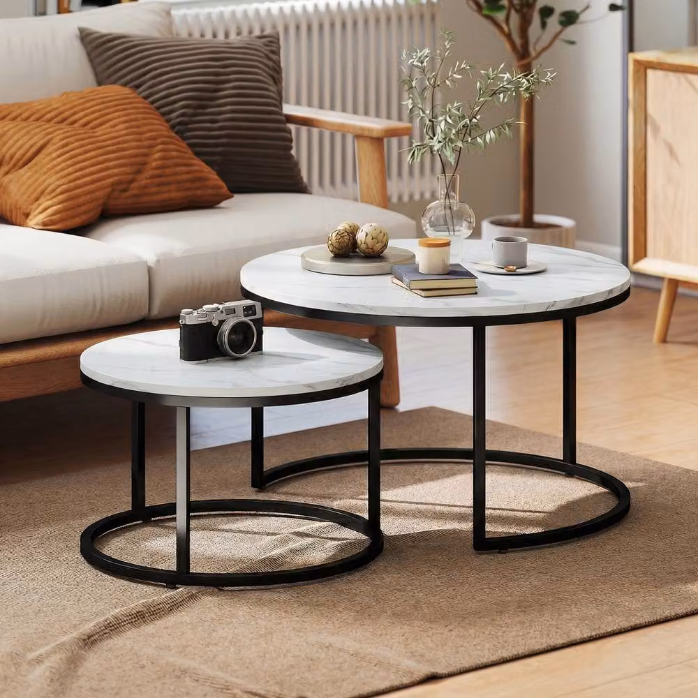 STILVORA Set of 2 Round Nesting Coffee Tables with White Marble-Effect MDF Tops and Black Metal Sled Base – 2