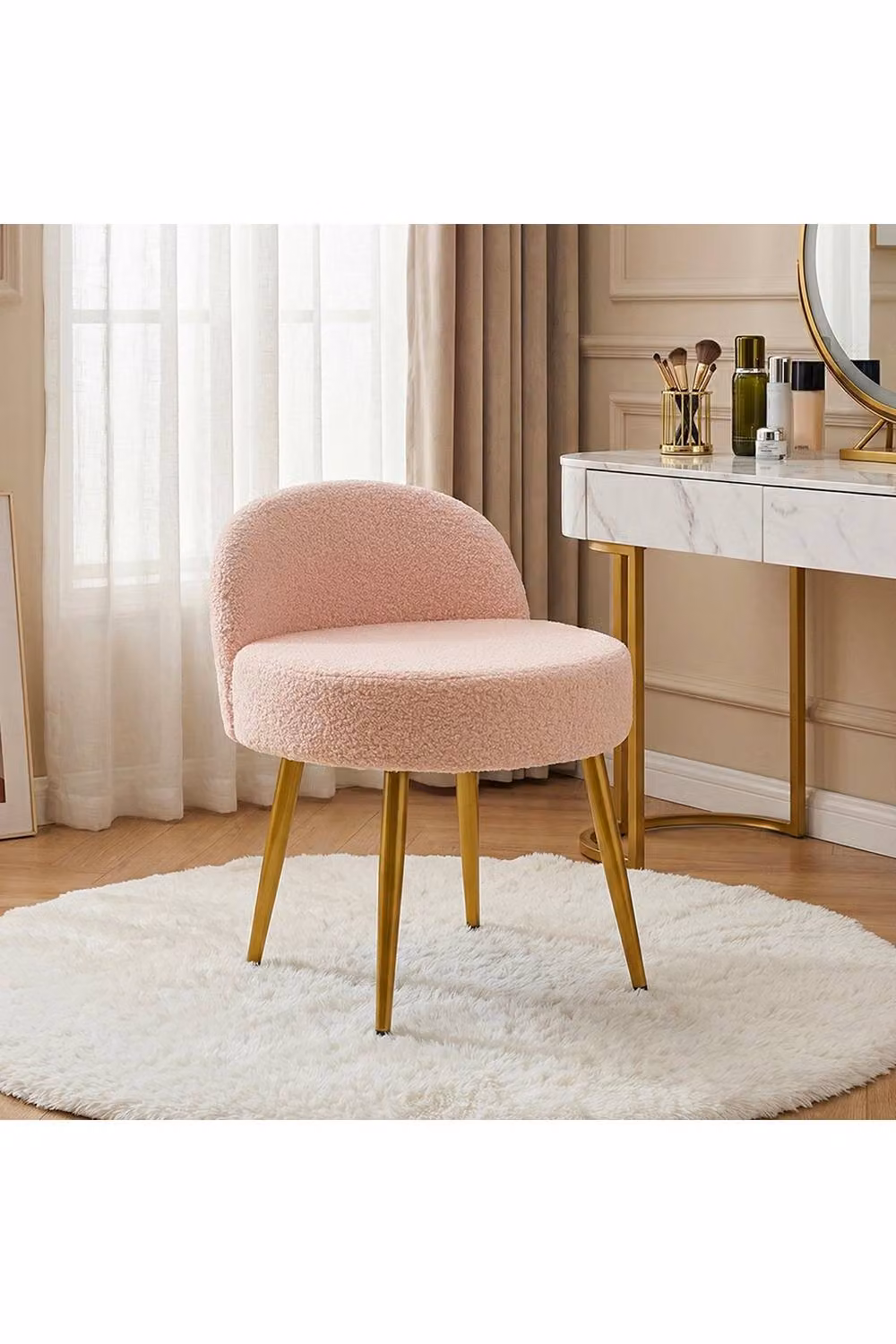 Living and Home Teddy Fleece Dressing Table Stool with Metal Legs in Pink – 2