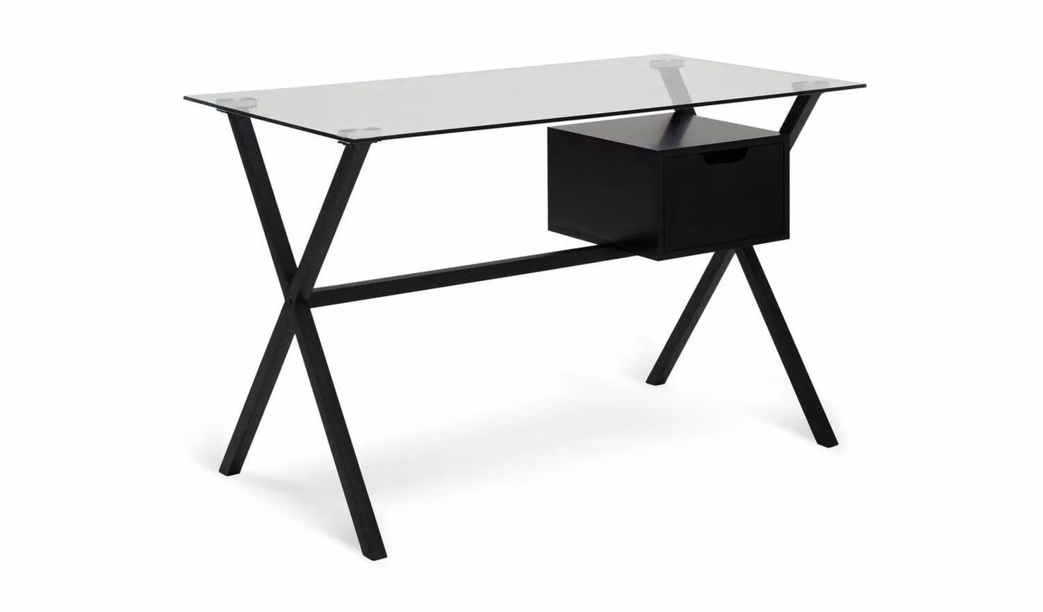 Dria Modern Black Writing Desk with Single Pedestal and Glass Top, W/D/H: 120 x 65 x 75 cm