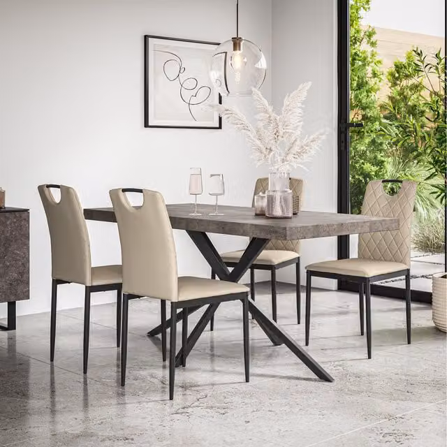 More4Homes Donni Dining Table with 6 Monza Faux Leather Chairs in Beige with Concrete Effect Top