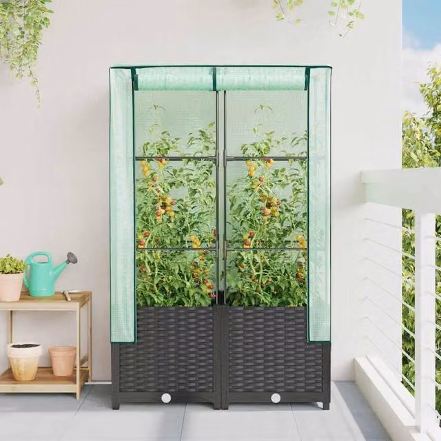Berkfield Home Raised Bed with Greenhouse Cover in Black Rattan Look, W/D/H: 80 x 40 x 138 cm