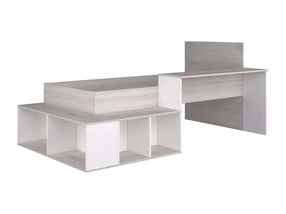 Vente-unique Single Combination Bed with Storage and Desk in White and Light Oak, W/D/H: 200 x 90 x 128.8 cm – 2
