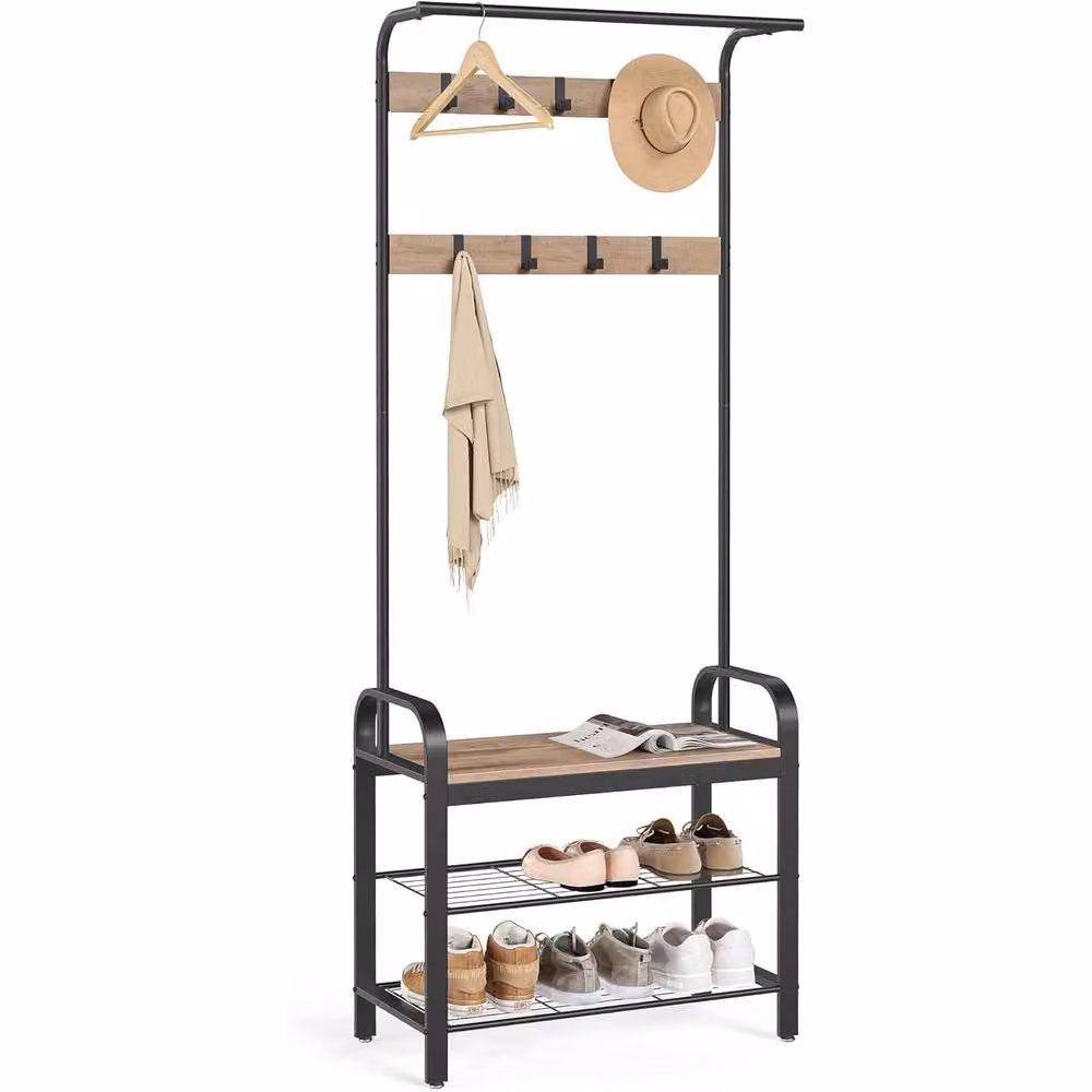 VASAGLE Hall Tree with Shoe Bench, Hooks and Clothes Rail in Medium Beige – 3