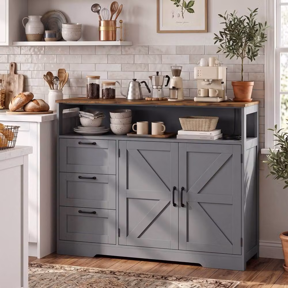 HOMCOM Rustic Grey and Brown Wood Sideboard Buffet Cabinet with Storage and Power Outlet – 2