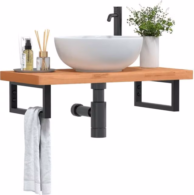 Berkfield Home Wall Mounted Basin Shelf in Brown Steel and Solid Beech Wood