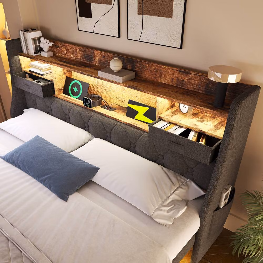 STILVORA King Size Upholstered Bed in Grey with LED Lighting, Storage Drawers, USB Charging Port and Bedside Shelf, W/D/H: 180 x 200 x 114 cm – 6