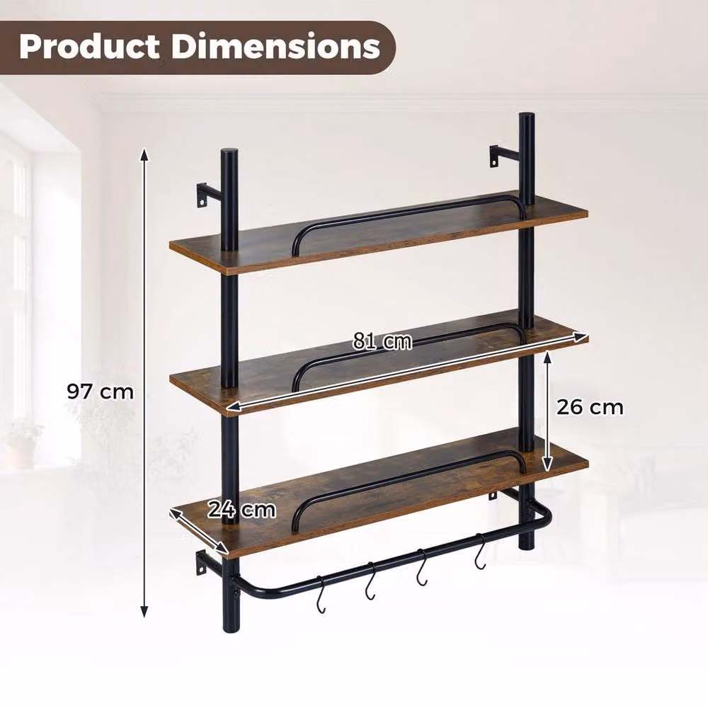 VOGREX Industrial 3-Tier Wall Mounted Pipe Shelving Unit with 4 S-Shaped Hooks in Brown – 2